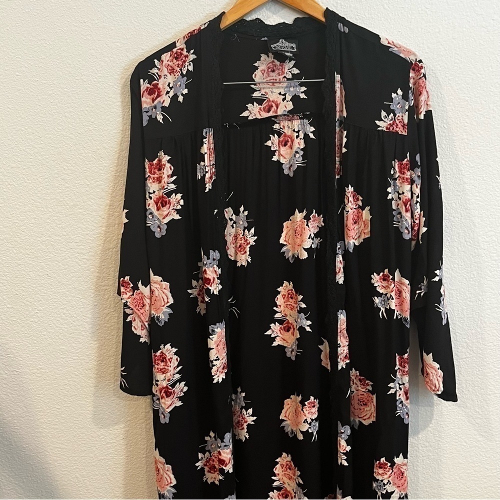 Angie black and pink floral crochet lace detail size small kimono cover up